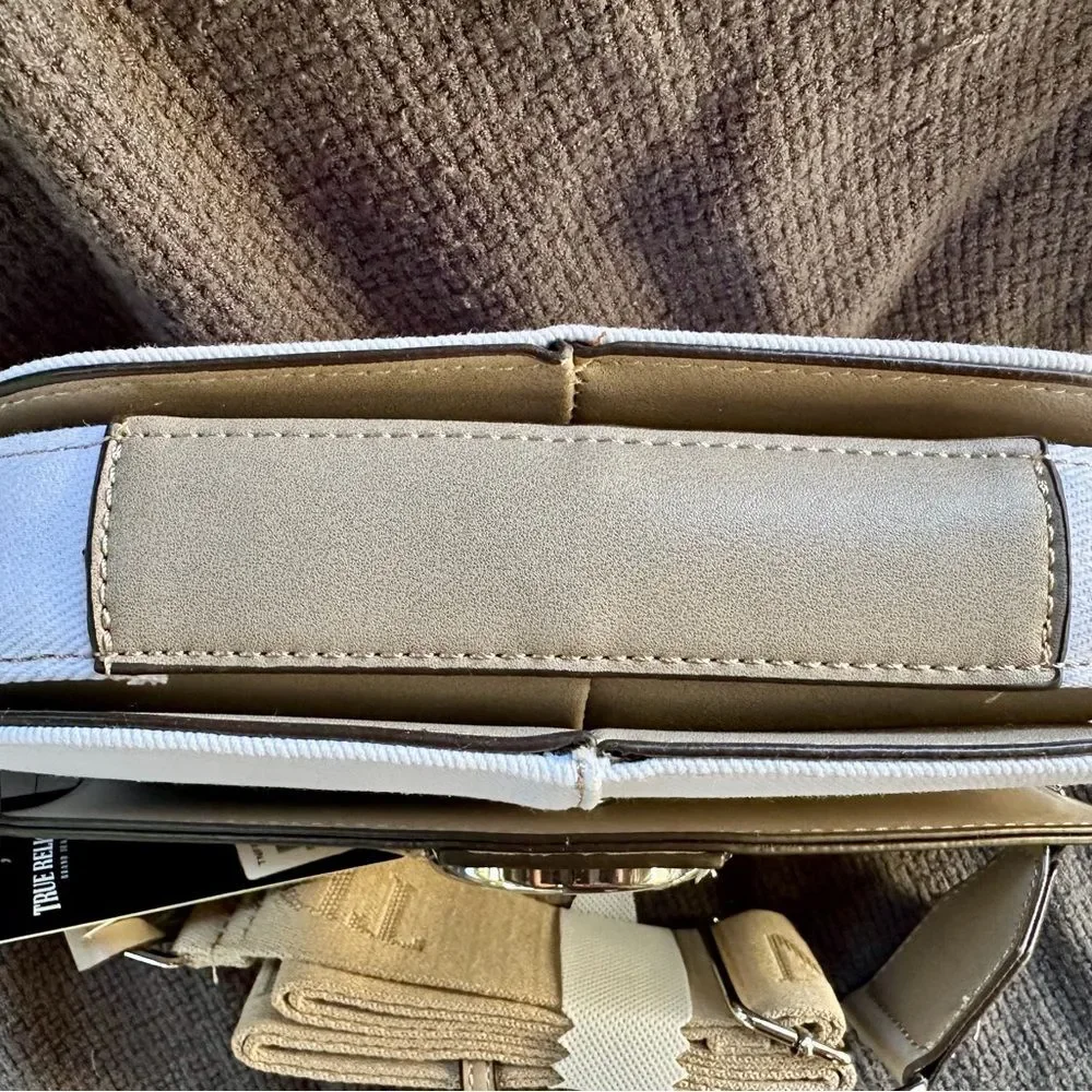 True-religion denim saddlebag purse - taupe and white